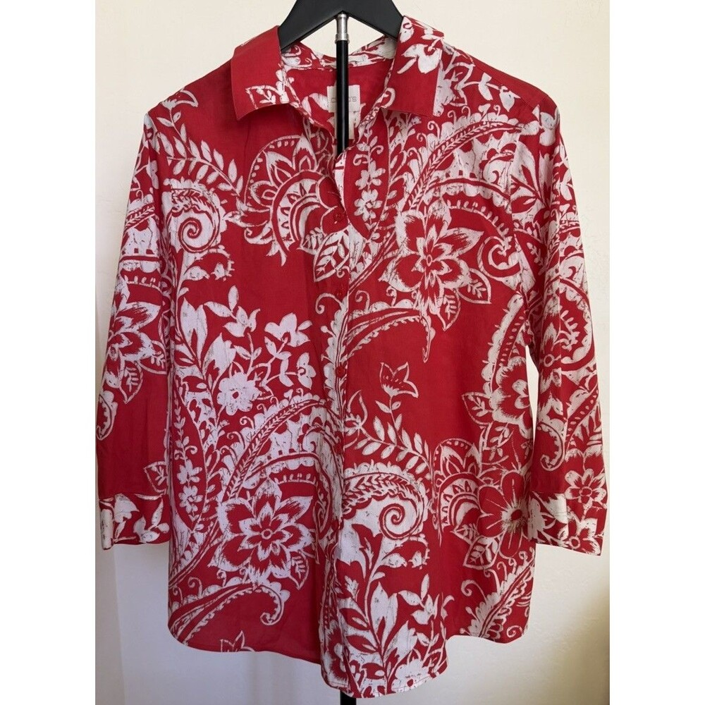 Chico's Women's Red Paisley Button-up Shirt White Tan No Iron Travel Resort L 2